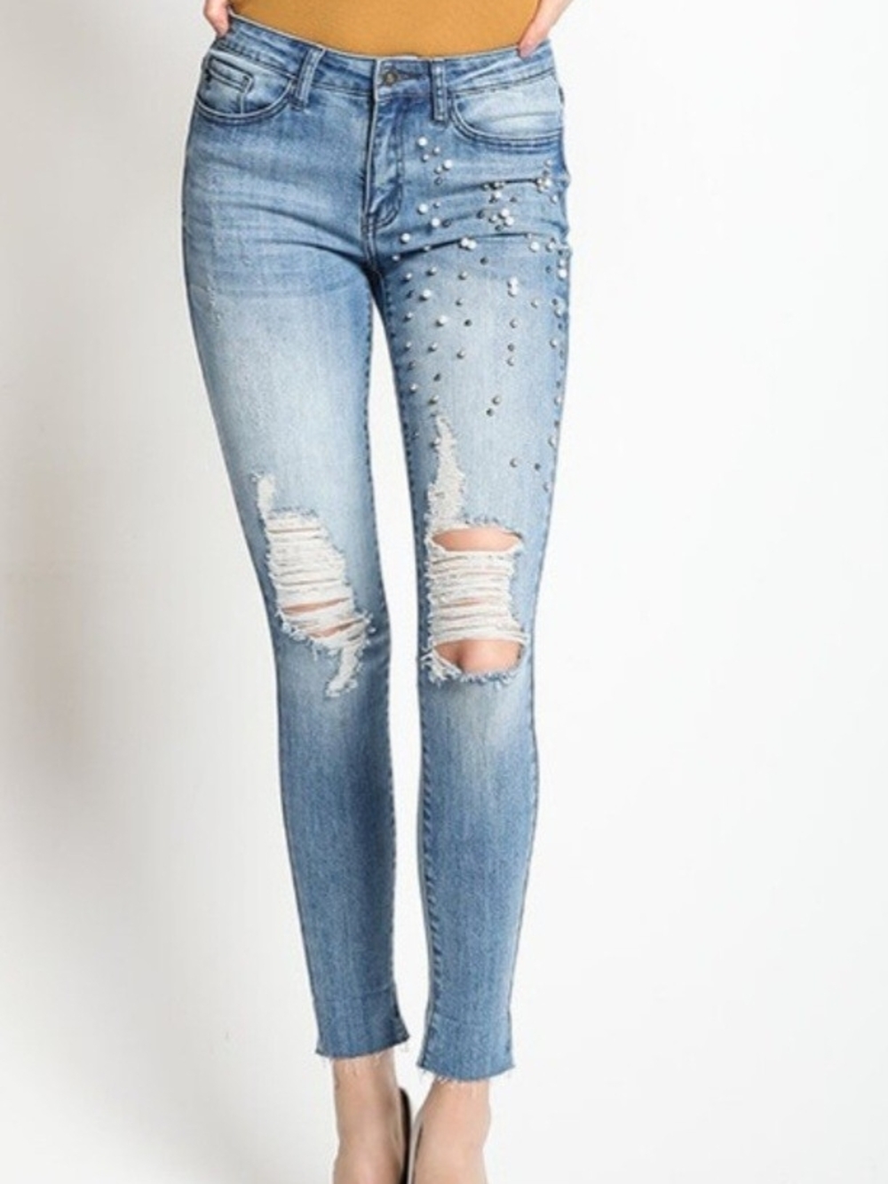 KanCan Light Blue Pearl-Studded Ripped Skinny Jeans